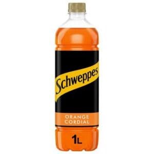 A bottle of Schweppes Orange Cordial 1 x 1ltr on a white background.