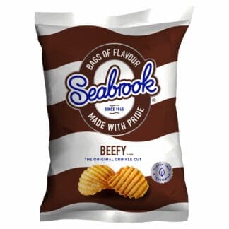 A bag of seawock beefy chips on a white background.