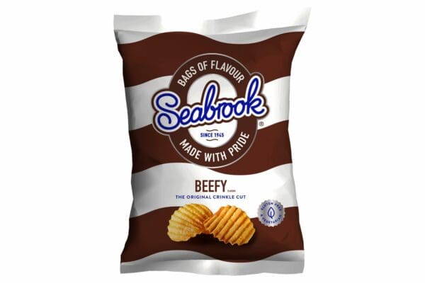 A bag of seawock beefy chips on a white background.