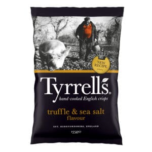 A bag of Tyrrells Truffle & Sea Salt potato crisps, featuring an image of a man with a pig in a black and white rural setting.