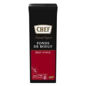 A box of Chef Premium Stock Beef 1ltr on a white background.