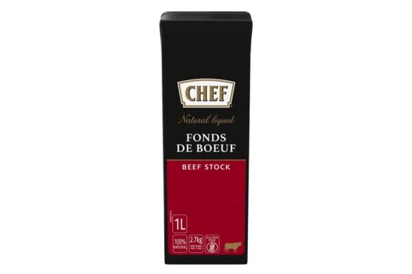 A box of Chef Premium Stock Beef 1ltr on a white background.