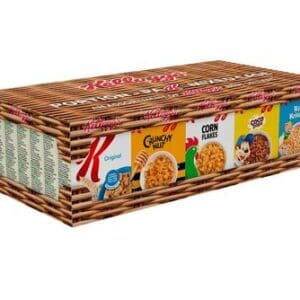 A box of Kellogg's Cereal Portion-PaK Mixed Case 35 x 1 in a wicker basket.