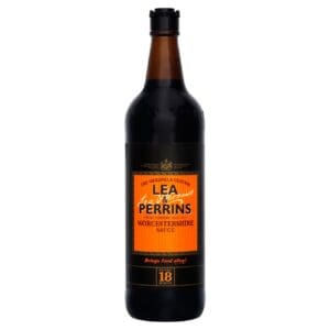 A bottle of wine with a label advertising Lea & Perrins Worcestershire Sauce.