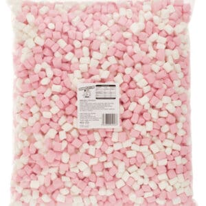 Pink and white marshmallows in a bag.