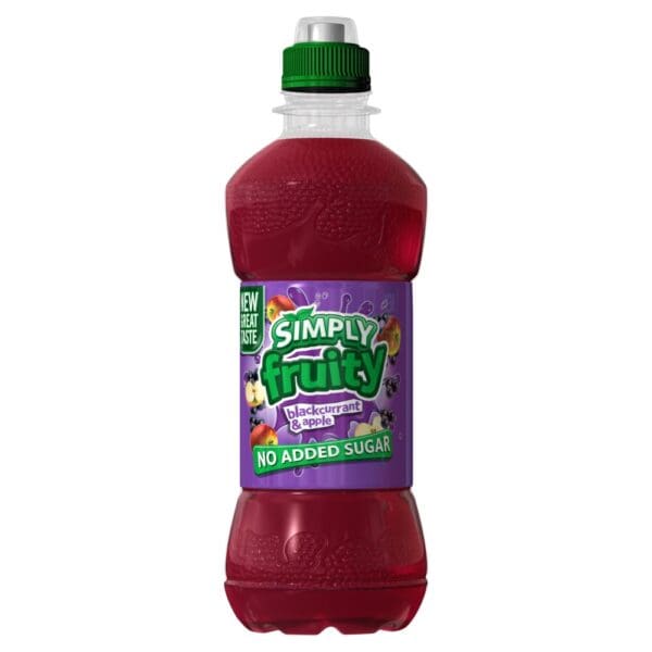 A bottle of Simply Fruity Blackcurrant & Apple 12 x 330ml on a white background.