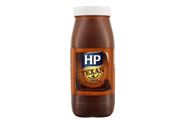 A bottle of HP Texan Style BBQ Sauce 2.15L on a white background.