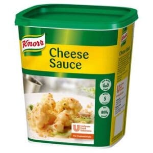 A container of Knorr Cheese Sauce Mix 5L with ketchup on a white background.