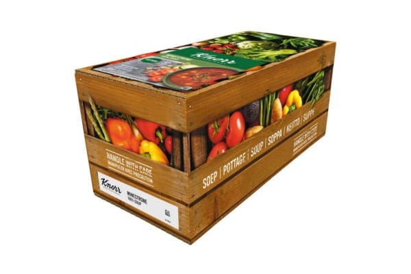 A box of Knorr Professional 100% Soup Minestrone 4 x 2.5kg vegetables is shown on a white background.