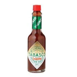 A bottle of Tabasco Smoky Chipotle Sauce 60ml on a white background.