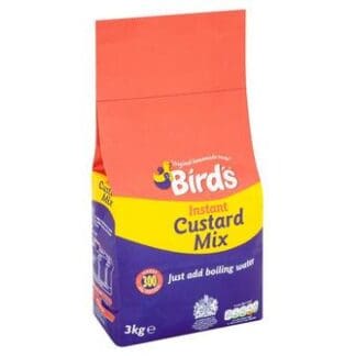 A bag of birds custard mix on a white background, alongside Knorr Tomato & Basil Concentrated Sauce 1.1L.