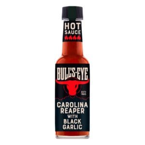 A bottle of Bulls-Eye Carolina Reaper Extra Hot Sauce 135ml with the label carolina reaper black.