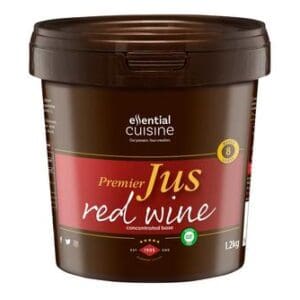 An Essential Cuisine Red Wine Jus 1kg container on a white background.