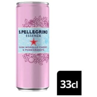 A can of San Pellegrino Essenza Sparkling Cherry & Pomegranate 24x330ml with a pink label and a white background.