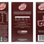 Three views of a Bisto Gravy Mix 343g container packaging displaying nutrition information, preparation instructions, and product design.