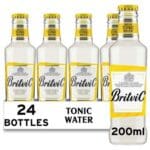 A pack of 24 Britvic Indian Tonic Water 24x200ml bottles, each 200ml, arranged neatly in a row, displaying the front labels.