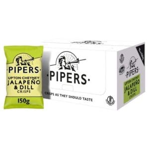 Piper's offers delicious and flavorful Pipers Upton Cheyney Jalapeño & Dill Sharing Crisps 15x150g packed with a zesty kick of jalapeño and a refreshing hint of dill.
