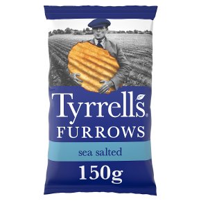 A bag of Tyrrells Furrows Sea Salted Crisps 8x150g, featuring a black and white image of a man holding a giant chip, set against a field background.