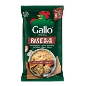Package of Gallo Pronto Mushroom Risotto Base 1kg rice featuring the text "base 1000 ricette" with images of risotto, tart, and arancini dishes.