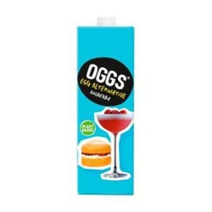 A carton of oggs egg alternative, featuring images of a burger and a cocktail on a turquoise background.