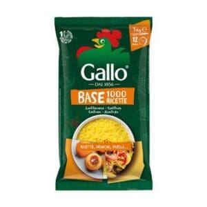 A package of Gallo brand Pronto Saffron Risotto 1kg, suitable for making risotto, paella, and pilaf, displaying a rooster logo and a picture of prepared dishes.