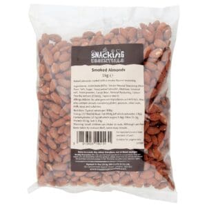 A clear plastic bag of snackr essentials smoked almonds, with a visible label including nutritional information and ingredients.