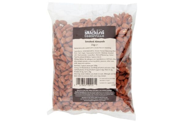 A clear plastic bag of snackr essentials smoked almonds, with a visible label including nutritional information and ingredients.