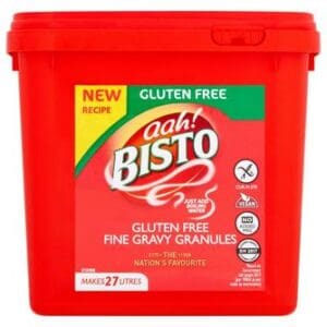 A red plastic tub of Bisto Gluten Free Fine Gravy Granules 1.8kg with a new recipe label, indicating it makes 272 servings.