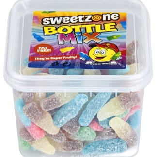 Transparent plastic container of Sweetzone's Sweetzone Bottle Mix Tub 170g gummy candies, featuring various colors and sugar coating, labeled as fat-free.