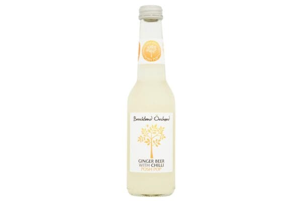 A case of Breckland Orchard Ginger Beer with Chilli Posh Pop 12x275ml, labeled "posh pop," features a simple design with an orange logo and tree illustration on a white label.