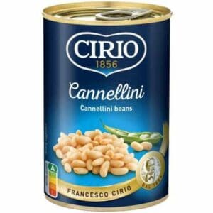 A can of Cirio Cannellini Beans 12x400g featuring the brand logo, product name, and an image of the white beans and green peas on the label.