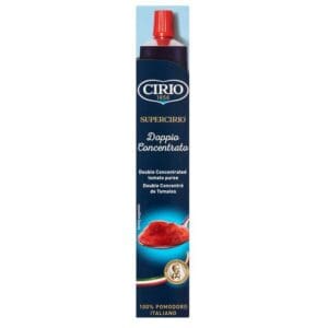 A tube of Cirio Supercirio Double Concentrated Tomato Puree 140g, with "100% pomodoro italiano" labeled on the front.