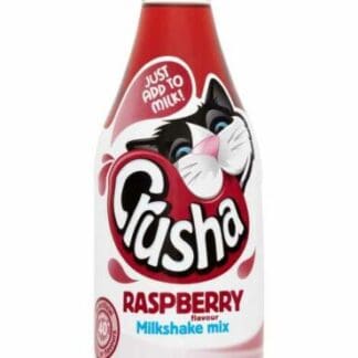 A bottle of Crusha Raspberry Milkshake Mix 12x1ltr with a cartoon cat on the label, stating "just add milk!