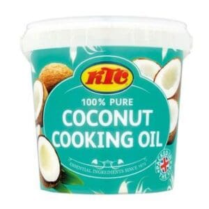 A container of KTC 100% Pure Coconut Cooking Oil 1L with coconut images and text on a blue label.