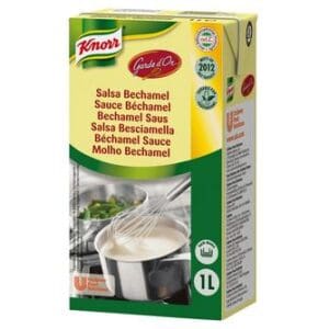 A box of Knorr Garde d'Or Bechamel Sauce 1L with multilingual product descriptions and an image of the sauce being poured.