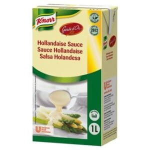 A box of Knorr Garde d'Or Hollandaise Sauce 1L, featuring a picture of the sauce being poured over vegetables.
