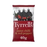 A pack of Tyrrells Sweet Chilli & Red Pepper Crisps 24x40g, featuring an image of three British guards in ceremonial attire on the packaging.