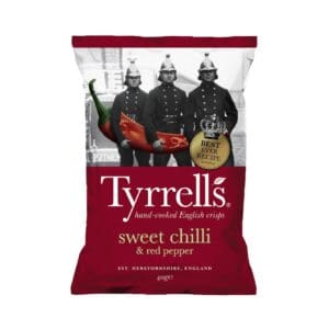A box of Tyrrells Sweet Chilli & Red Pepper Crisps 24x40g, featuring an image of three vintage firefighters on the packaging.