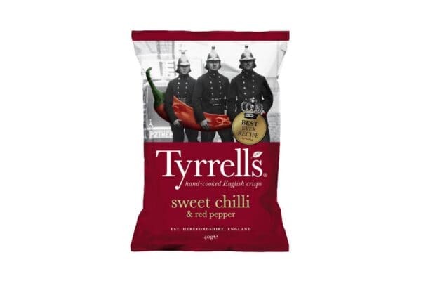 A box of Tyrrells Sweet Chilli & Red Pepper Crisps 24x40g, featuring an image of three vintage firefighters on the packaging.