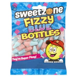 Packaging of Sweetzone Fizzy Blue Bottles 90g candy featuring a cartoon character and text stating "they're super fizzy!" on a colorful background.