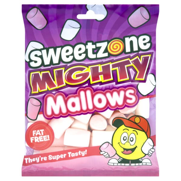 A package of Sweetzone Mighty Mallows 140g, featuring pink and white marshmallows, labeled "fat free" and "they're super tasty!" with a cartoon smiley face wearing a cap.