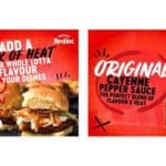 Two promotional posters for Frank's RedHot Original Sauce 354ml, featuring a burger on the left and a bottle of Franks Redhot Original Sauce 354ml on the right with descriptive text.