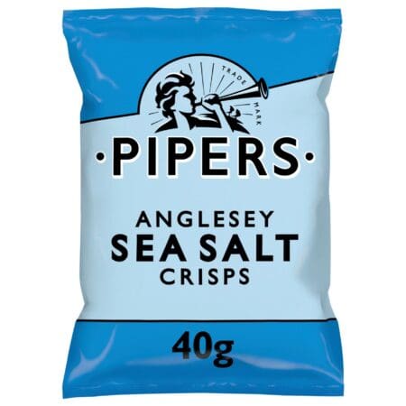 A Pipers Anglesey Sea Salt Crisps 40g package, featuring a logo with a bell and prominent blue and white colors.