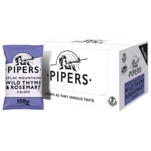 A box and a single packet of Pipers Atlas Mountains Wild Thyme & Rosemary Sharing Crisps 15x150g, each displaying the brand logo and flavor.
