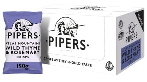 A box and a single packet of Pipers Atlas Mountains Wild Thyme & Rosemary Sharing Crisps 15x150g, each displaying the brand logo and flavor.