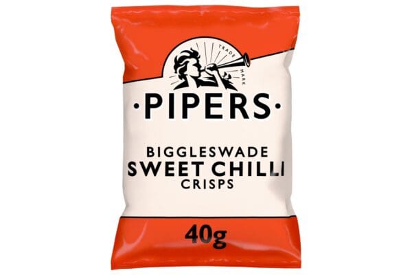 A bag of Pipers Biggleswade Sweet Chilli Crisps weighing 40 grams. 
(Product Name: Pipers Biggleswade Sweet Chilli Crisps 40g)