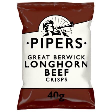 A package of Pipers Great Berwick Longhorn Beef Crisps 40g, featuring a black and white logo of a cow on a maroon background.