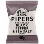 A bag of Pipers Black Pepper & Sea Salt Crisps, 40g, featuring an illustration of a man using a hand-cranked device.