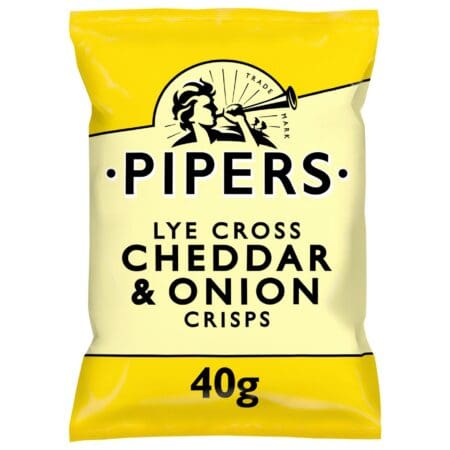 A 40-gram packet of Pipers Lye Cross Cheddar & Onion Crisps 40g, featuring a bold yellow design with black and white text and graphics.