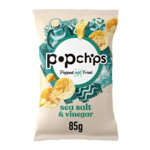 Package of Popchips Sea Salt & Vinegar Sharing Crisps 8x85g, featuring crisps and sea-themed graphics on a white background.